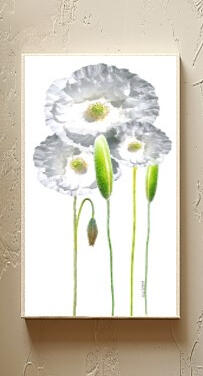 White Poppies 3x6 print on wood panel